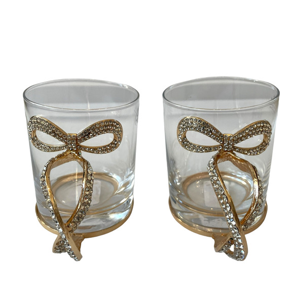 Gold & Rhinestone BOW Handle Glass Mug Coffee Tea Cup Set of 2 Glam Kitchen New - Picture 2 of 16